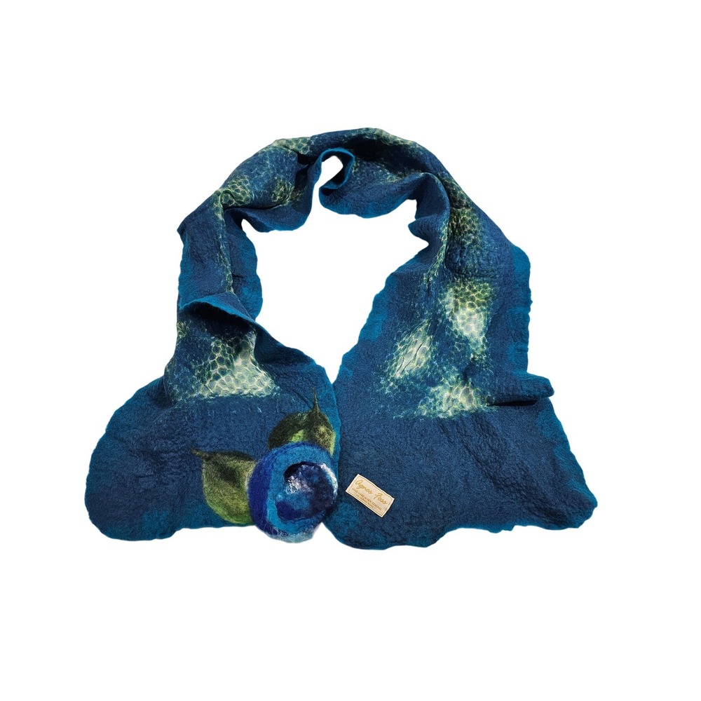 Agnes Foss Felted Merino Wool Scarf Womens OS Blue Green Floral Hand Made NZ
